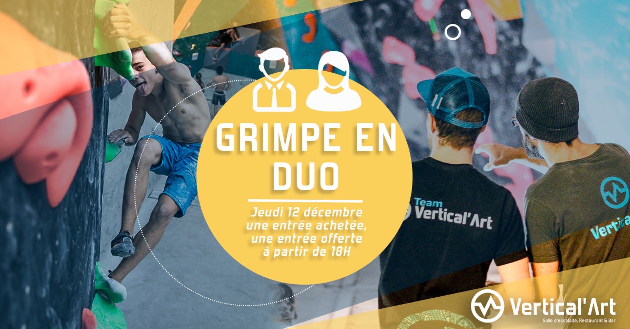 grimpe en duo Lyon - Vertical’Art lyon - salle d'escalade de bloc - restaurant et bar - soirée entrée gratuite