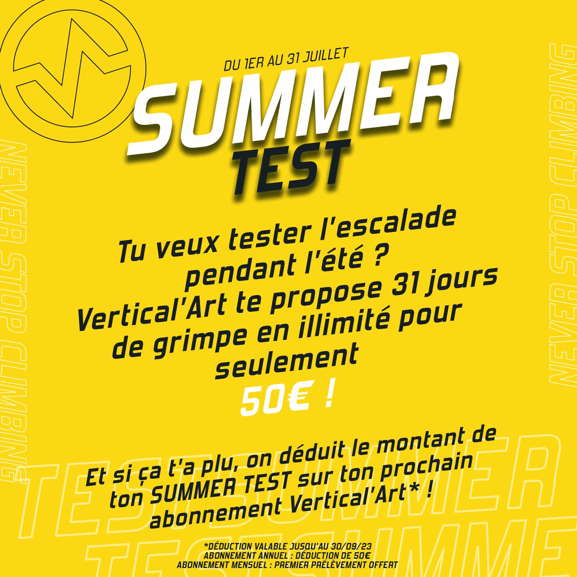 Summer Test à Vertical'Art : Testez l'escalade pour 50€ par mois pendant l'été 2023