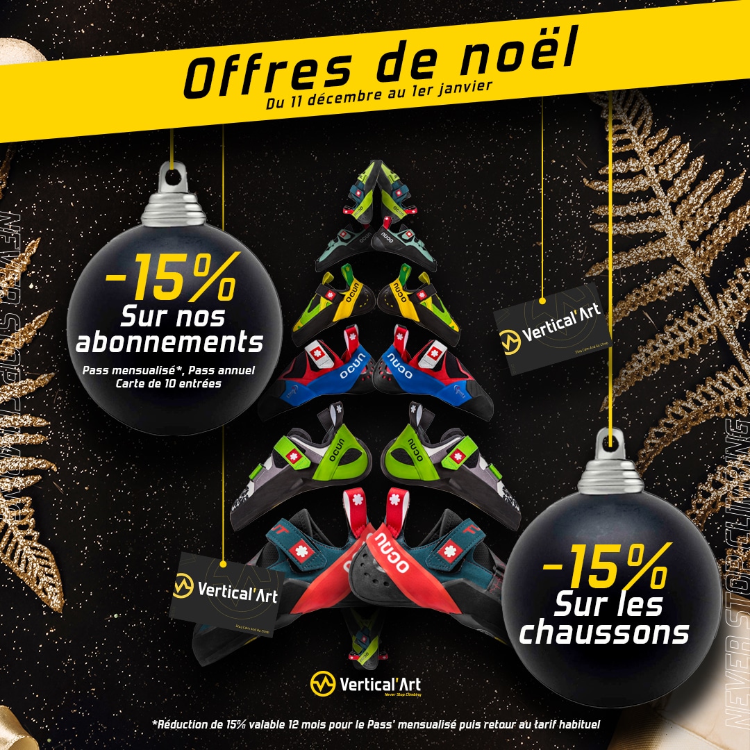 Offres de Noël à Vertical'Art Lyon : 15% sur les formules de grimpe et les chaussons