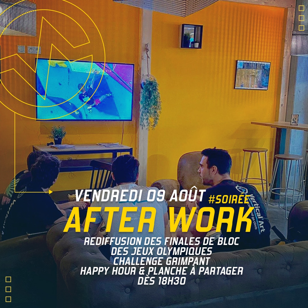 Afterwork rediffusion des finales d'escalade de bloc des Jeux Olympiques vendredi 9 juillet à Vertical'Art Lyon